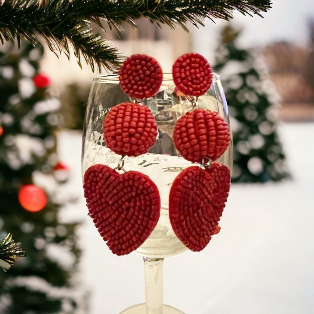 Bohemian Beaded Heart Dangle Earrings, Red